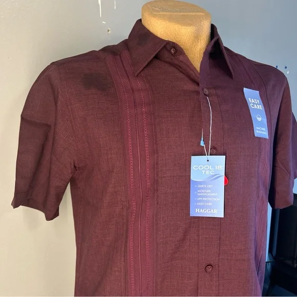 Haggar Cool 18 Tec Mens Medium Button Down Short Sleeve Wine/Burgundy NEW - Picture 4 of 11